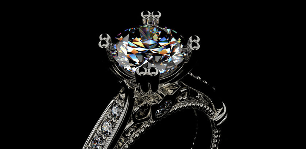 Closeup 3D rendering of a diamond engagement ring with the center stone reflecting highlights.