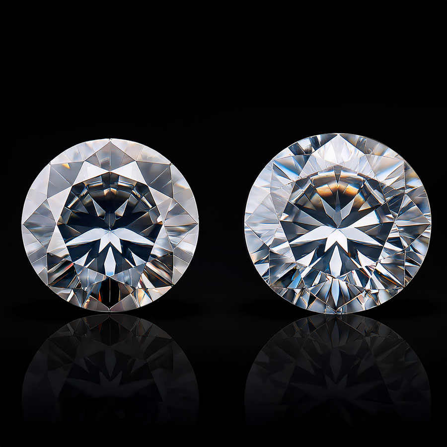 two white diamonds side by side comparing lab-grown vs. natural. Isolated on a black background