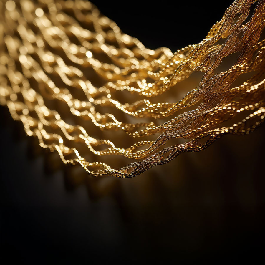 Necklaces Several gold rope necklaces draped on a dark background giving a soft yellow color from the light source.