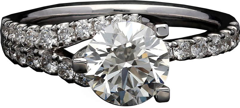 Beautiful diamond engagement ring with a large round center stone and diamonds in the shank that fork into two rows on the left.