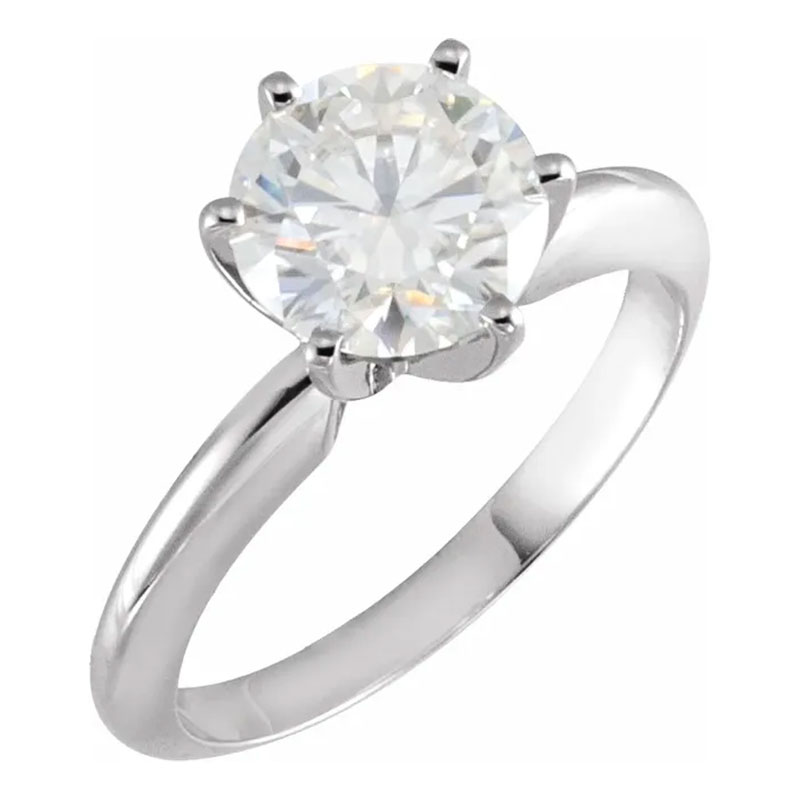A illustration of a classic white gold diamond engagement ring