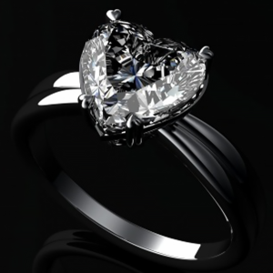 A closeup of a heart cut diamond engagement ring set on a black background.