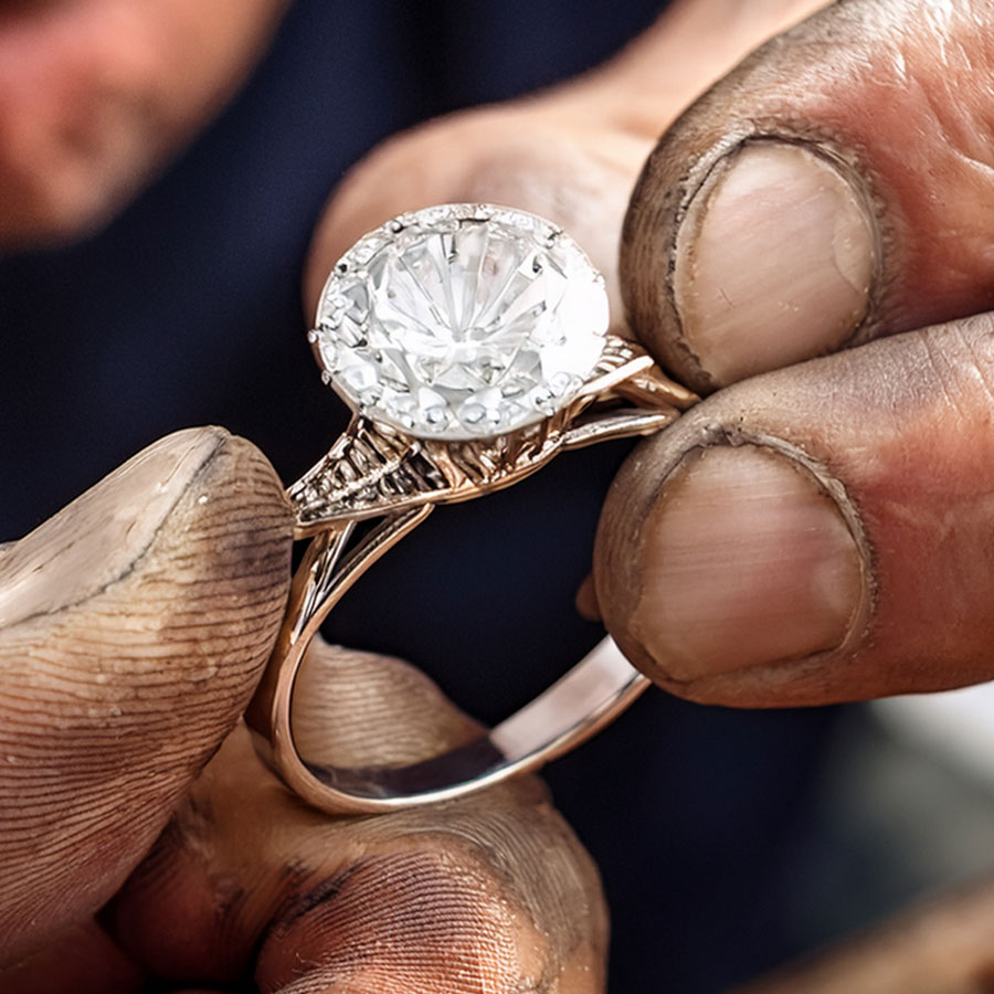 a closeup of a jeweler's hands crafting a delicate white gold diamond engagement ring