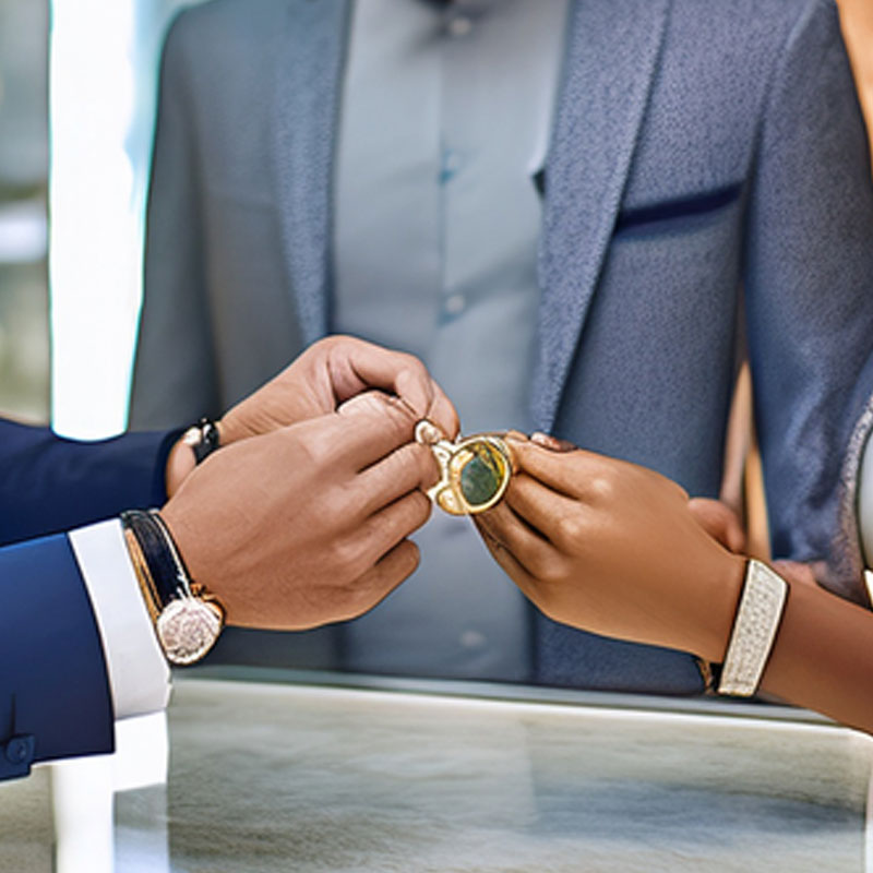 A closeup of a jeweler showing a piece to a female client. A man stands in the background. Everyone is well dressed.